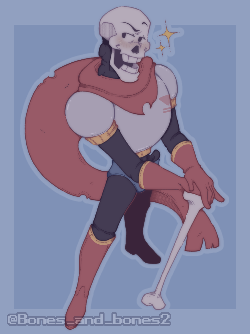 1boy, 2024, 2d, armor, artist_name, blue_background, blue_shorts, bone