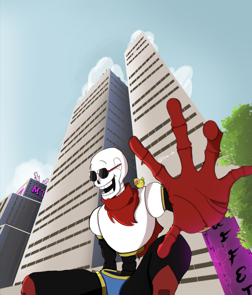 1boy, 2021, 2d, absurdres, animal, armor, artist_name, bird, bird_on_shoulder, blue_shorts, boots, building, cape, chromatic_aberration, city, cowboy_shot, digital_media, eyewear_on_animal, from_below, gloves, heterochromatic_eyewear, highres, humanoid, male, male_focus, male_only, monster, monster_boy, open_hand, outdoors, papyrus_(undertale), pink-tinted_eyewear, red_boots, red_cape, red_gloves, shorts, skeleton, solo, sunglasses, teeth, undead, undertale, utdr_(toby_fox), white_armor, yellow-tinted_eyewear, yellow_bird, zara-im