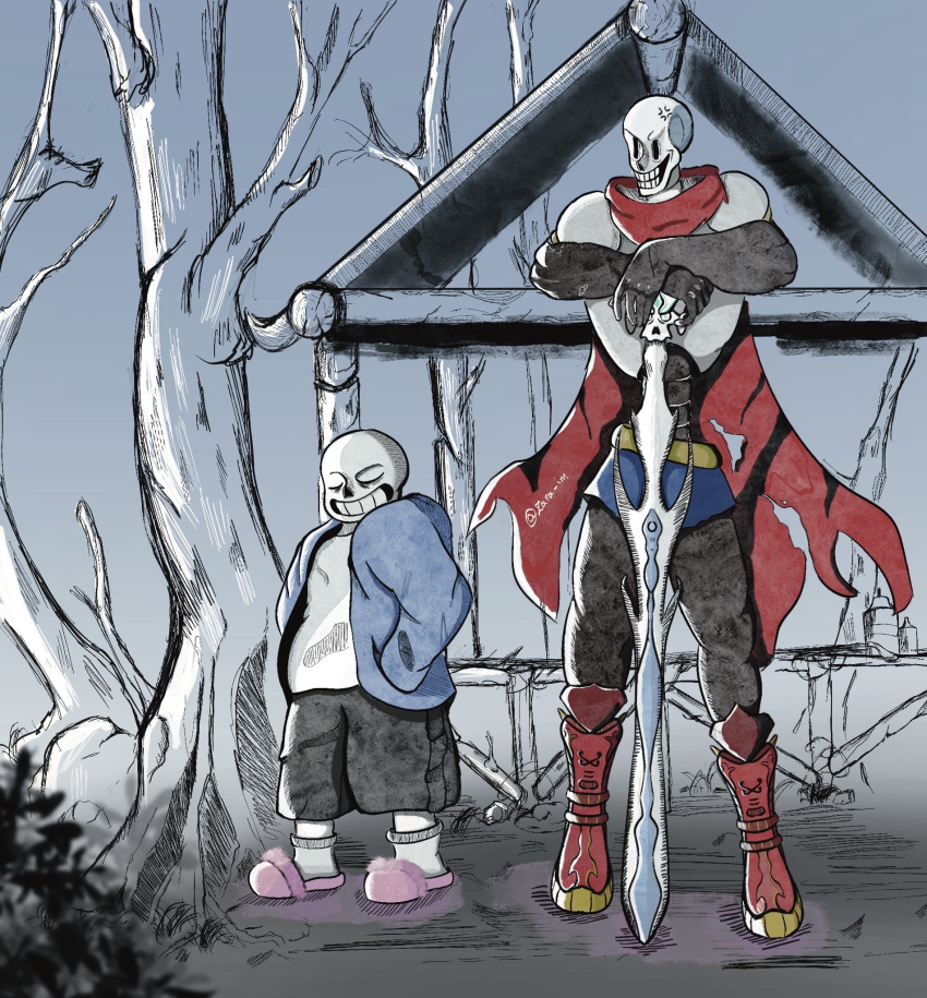 2022, 2boys, 2d, anger_vein, armor, artist_name, black_shorts, blue_jacket