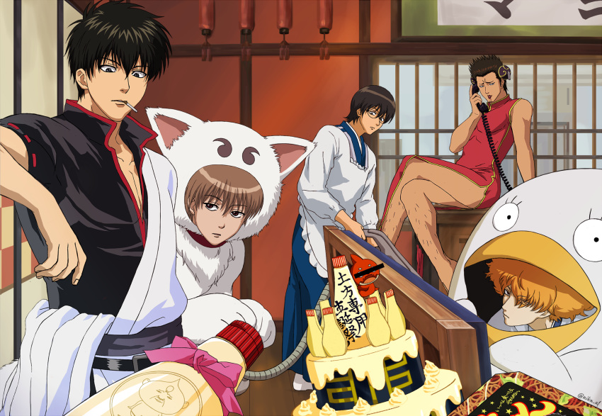 5boys, animal_costume, anime_coloring, black_hair, bow, brown_hair, cake, china_dress