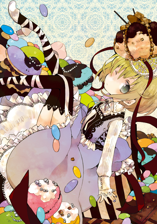 black_thighhighs, blonde_hair, blue_eyes, blue_hair, cake, candy, dessert, dress