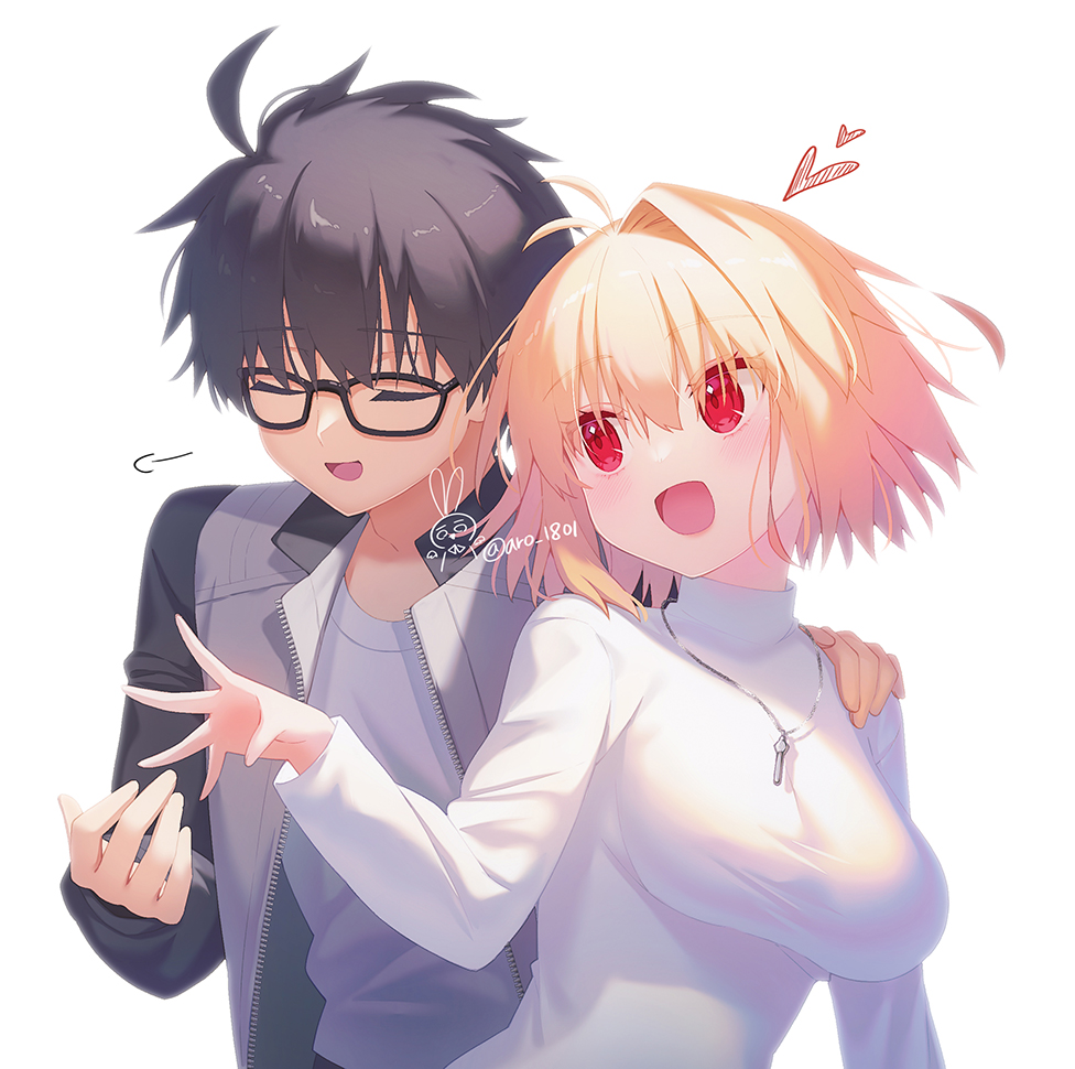 1boy, 1girl, arcueid_brunestud, aro_1801, artist_logo, black_hair, black_jacket, blonde_hair