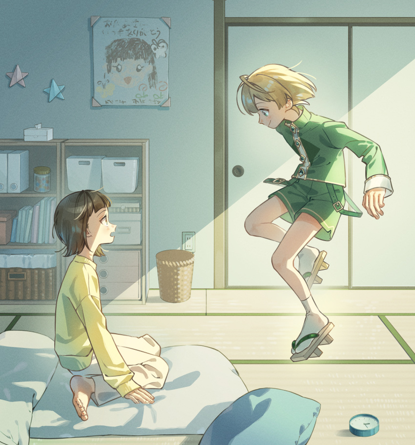 1boy, 1girl, absurdres, analog_clock, ayumi, barefoot, black_hair, blonde_hair