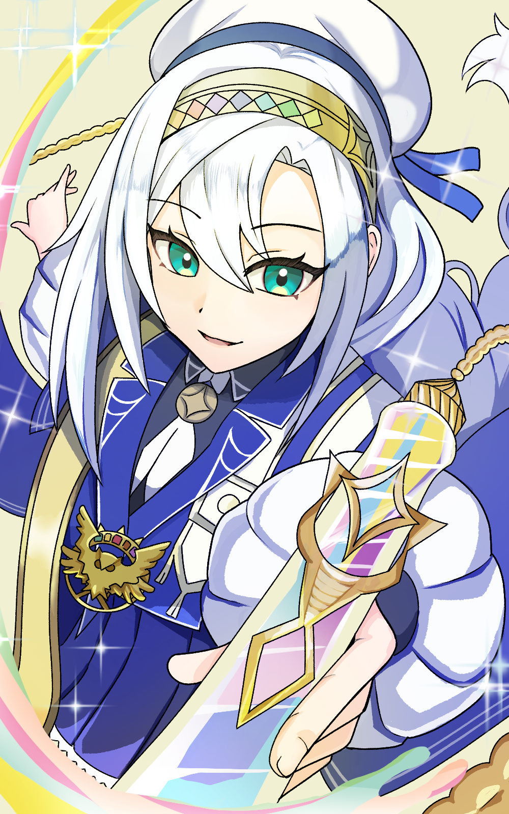 1girl, artmagia_finemelt, duel_monster, green_eyes, hair_between_eyes, hat, highres, holding