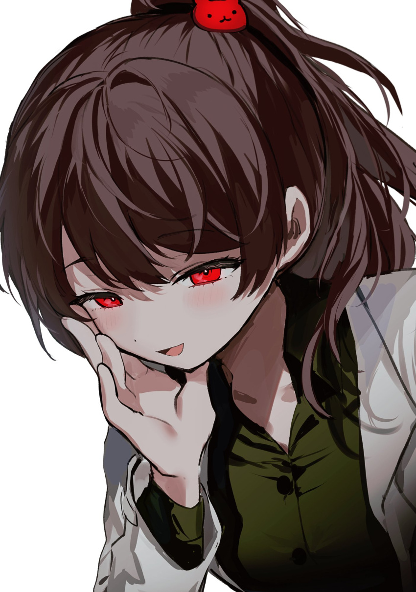 1girl, bear_hair_ornament, brown_hair, buttons, carmen_(project_moon), coat, collared_shirt, green_shirt
