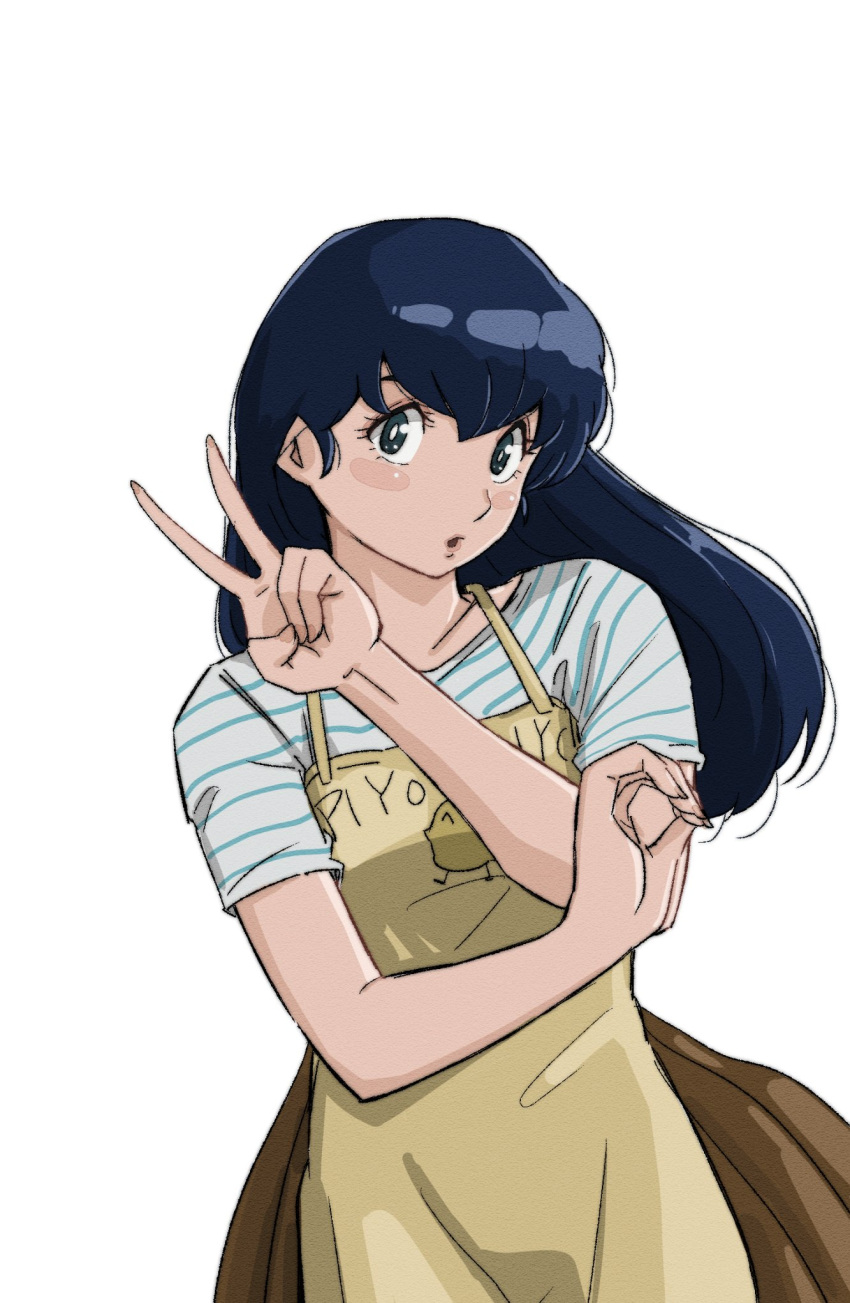 1girl, apron, black_eyes, blue_hair, chick_print, dress, highres, maison_ikkoku