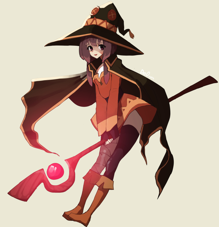 1girl, absurdres, bandaged_leg, bandages, belt, black_hair, black_thighhighs, boots, breasts, brown_boots, brown_hair, cape, cross-laced_clothes, deo_artist, dress, fingerless_gloves, gloves, glowing, hat, highres, holding, holding_staff, kono_subarashii_sekai_ni_shukufuku_wo!, looking_at_viewer, megumin, open_mouth, red_dress, red_eyes, short_hair, short_hair_with_long_locks, signature, small_breasts, smile, solo, staff, thigh-highs, thighs, witch_hat