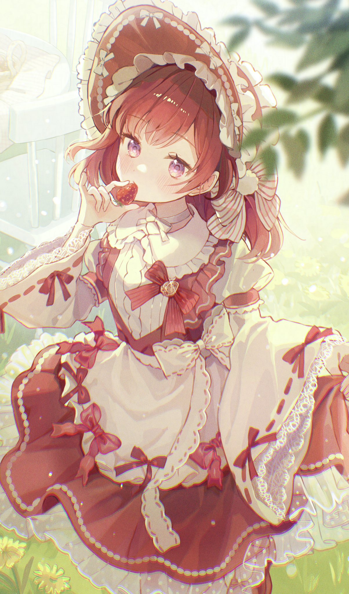 1girl, :/, apron, ban_(one_ban7241), basket, between_fingers, blurry, blurry_foreground