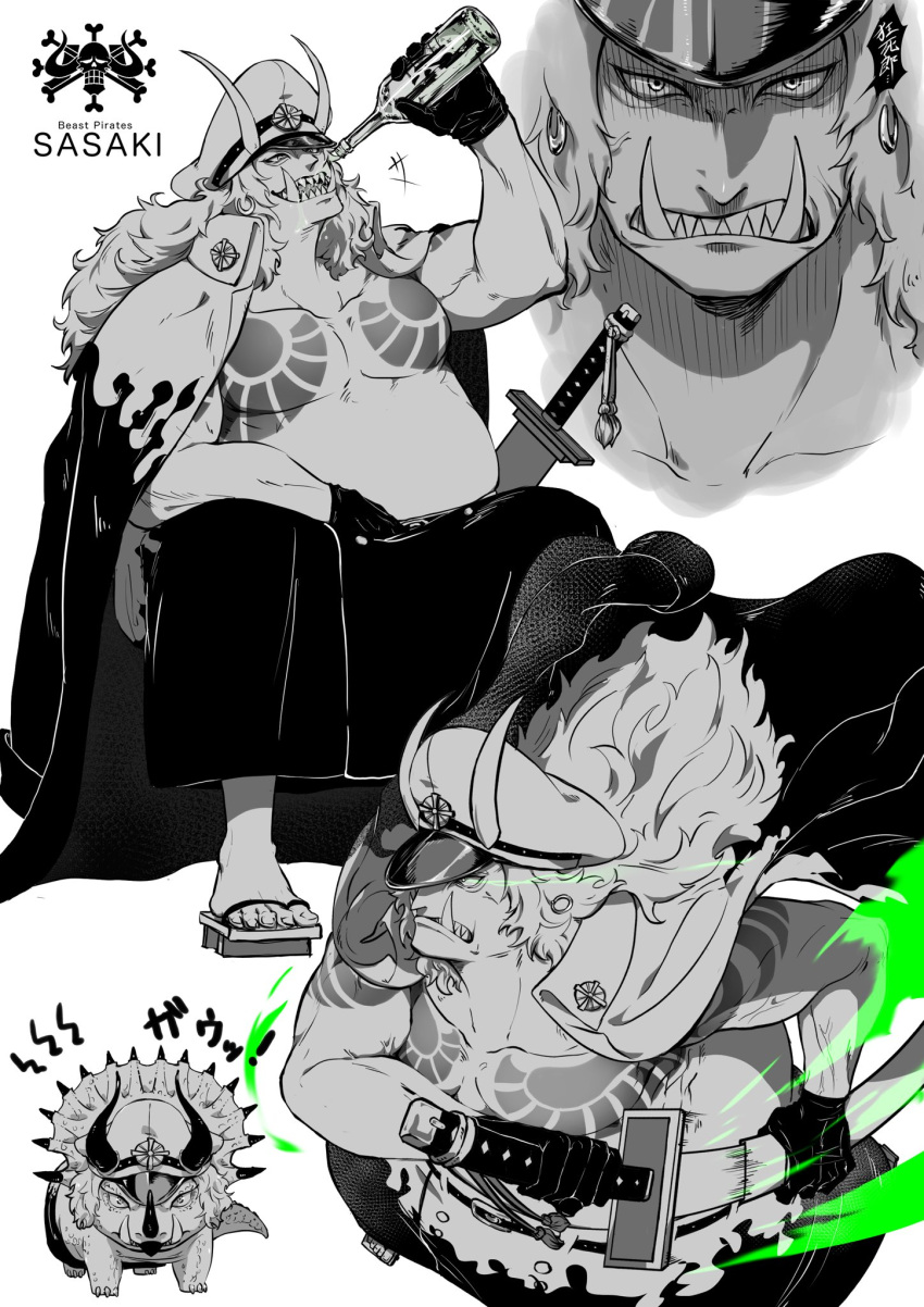 1boy, beer_bottle, chest_tattoo, coat, dinosaur, earrings, fangs, fangs_out