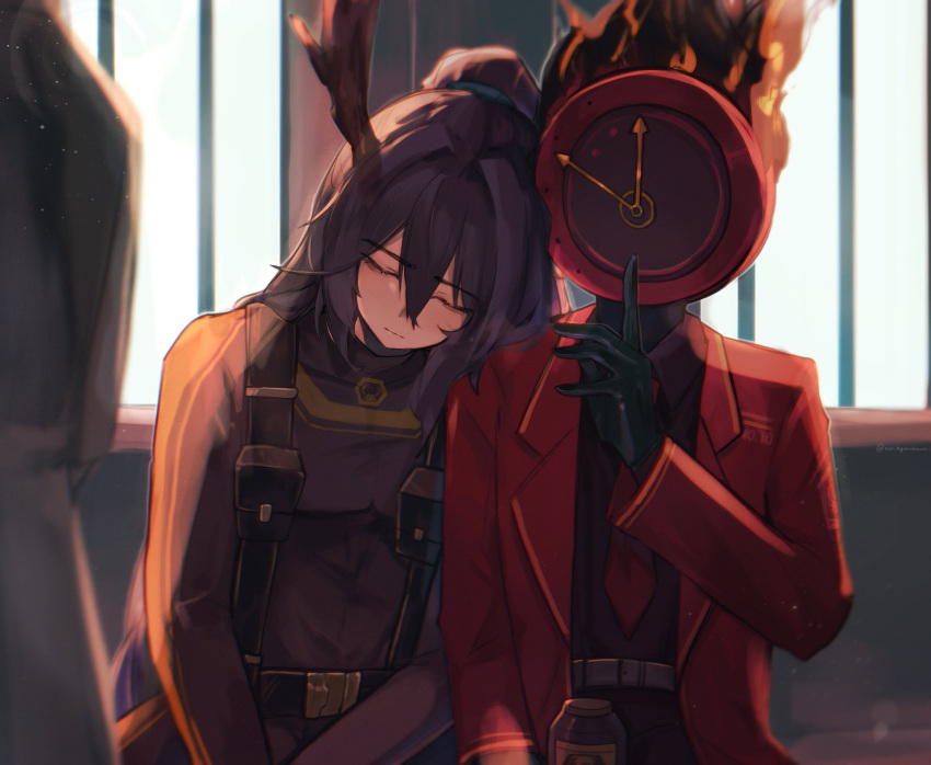 1boy, 1other, antlers, belt, black_belt, black_bodysuit, black_gloves, black_hair