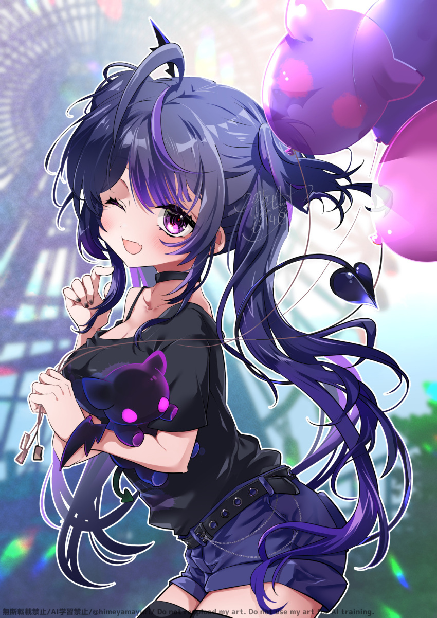1girl, balloon, black_choker, black_hair, black_shirt, choker, demon_girl, demon_tail