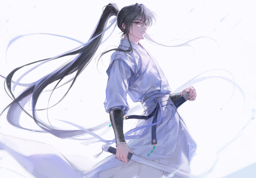 1boy, absurdres, black_hair, chinese_clothes, cowboy_shot, grey_eyes, hair_ribbon, hand_on_sheath