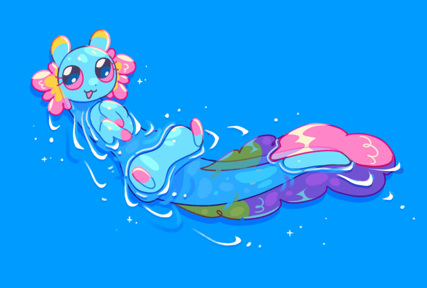 :3, afloat, axolotl, axolotl_ears, axolotl_tail, blue_background, blue_fur, creature