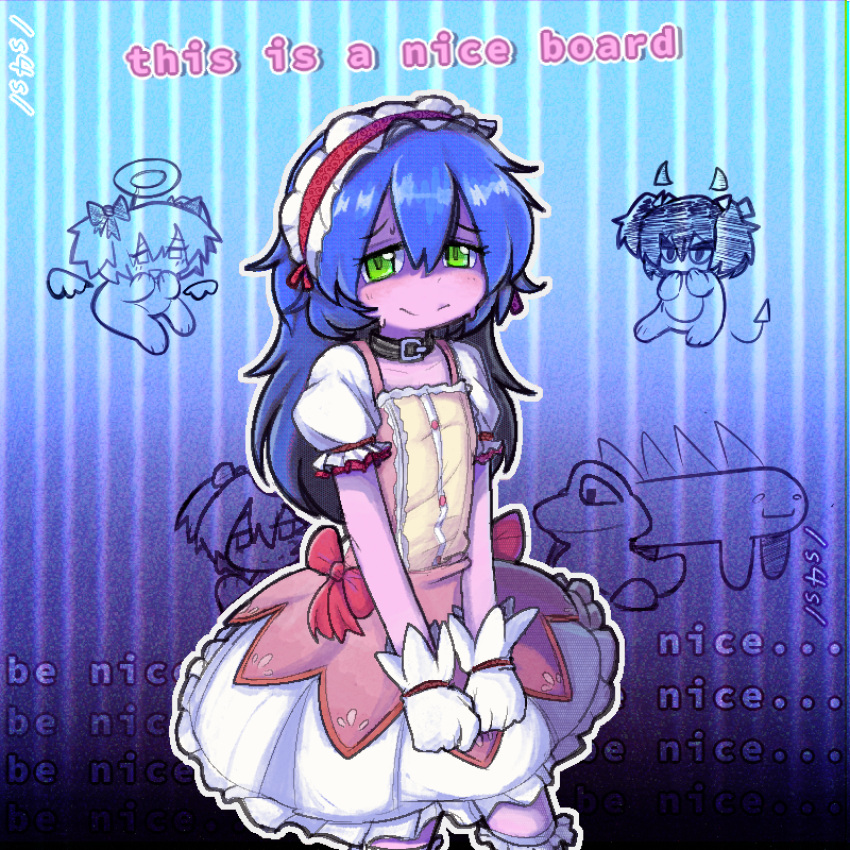 1girl, 4chan, absurdres, angel_wings, blue_background, blue_hair, blush, bow
