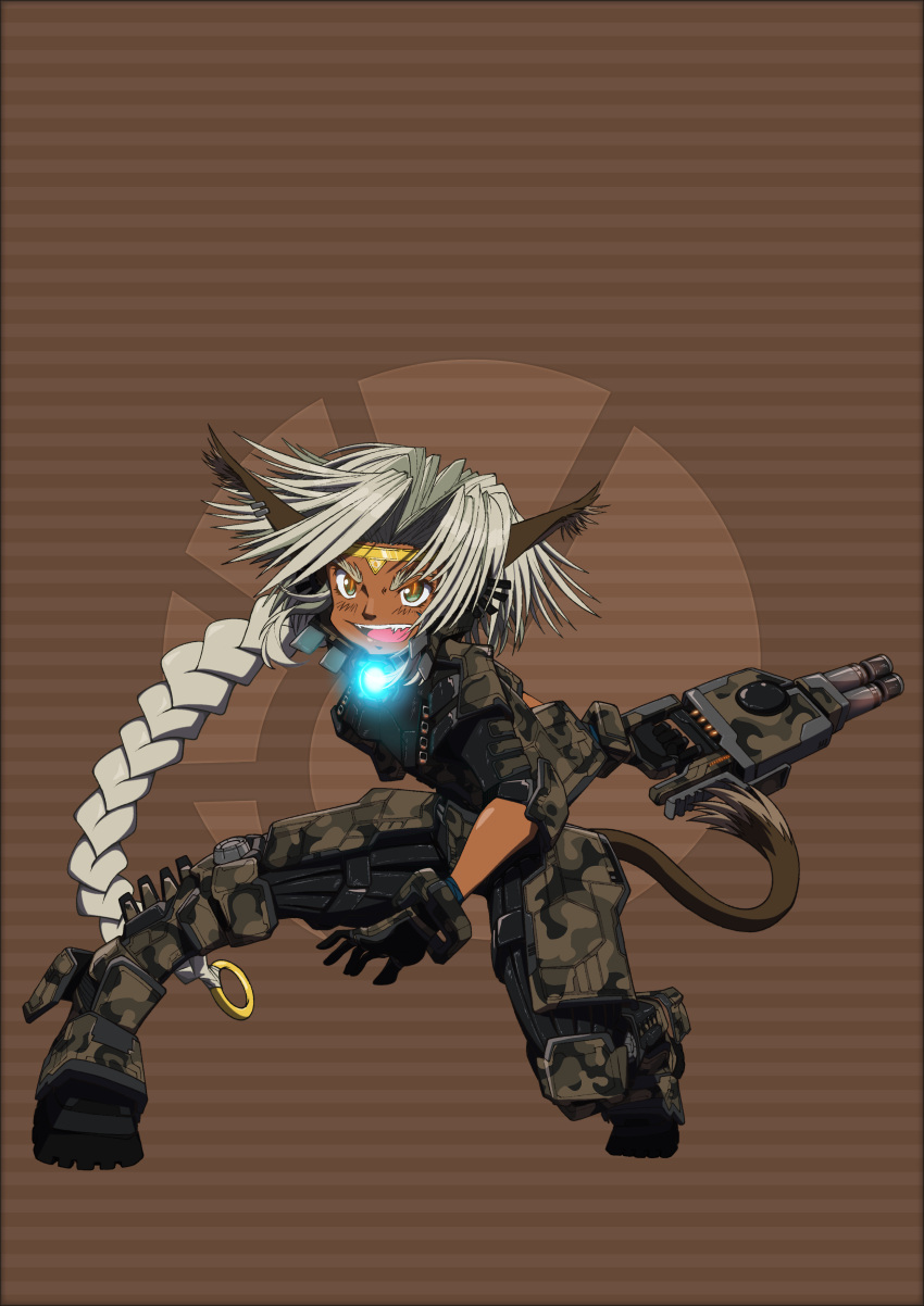 1girl, :d, absurdres, aisha_clanclan, animal_ears, braid, brown_background, brown_eyes