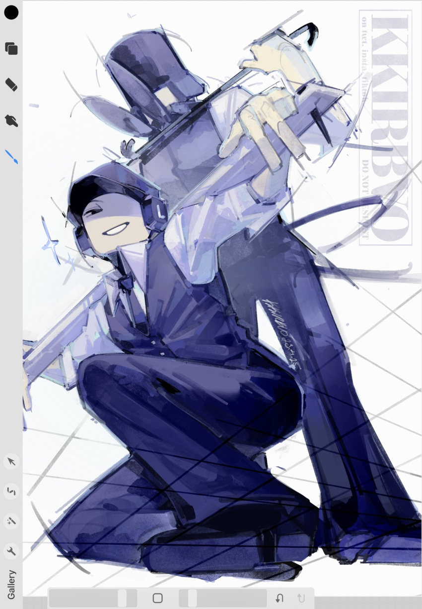 2boys, black_hat, black_necktie, black_pants, black_vest, colored_skin, contractee_(forsaken), crowbar