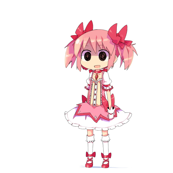 :d, black_eyes, bubble_skirt, chibi, gloves, kaname_madoka, kanikama, kneehighs, magical_girl, mahou_shoujo_madoka_magica, open_mouth, pink_hair, shoes, short_hair, simple_background, smile, solo, stunt, twintails, white_gloves, white_kneehighs, white_legwear