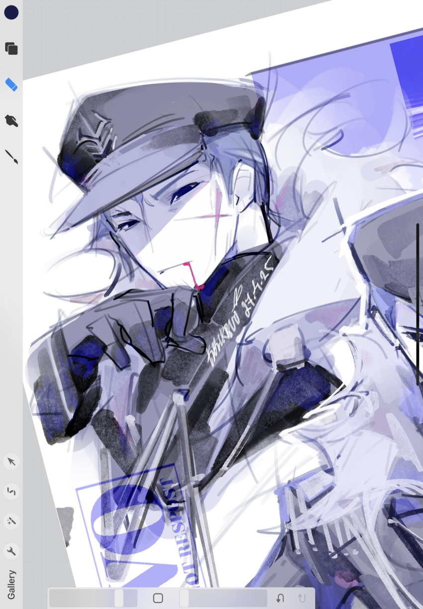 1boy, black_eyes, black_gloves, black_hat, blood, blood_from_mouth, blue_hair, closed_mouth