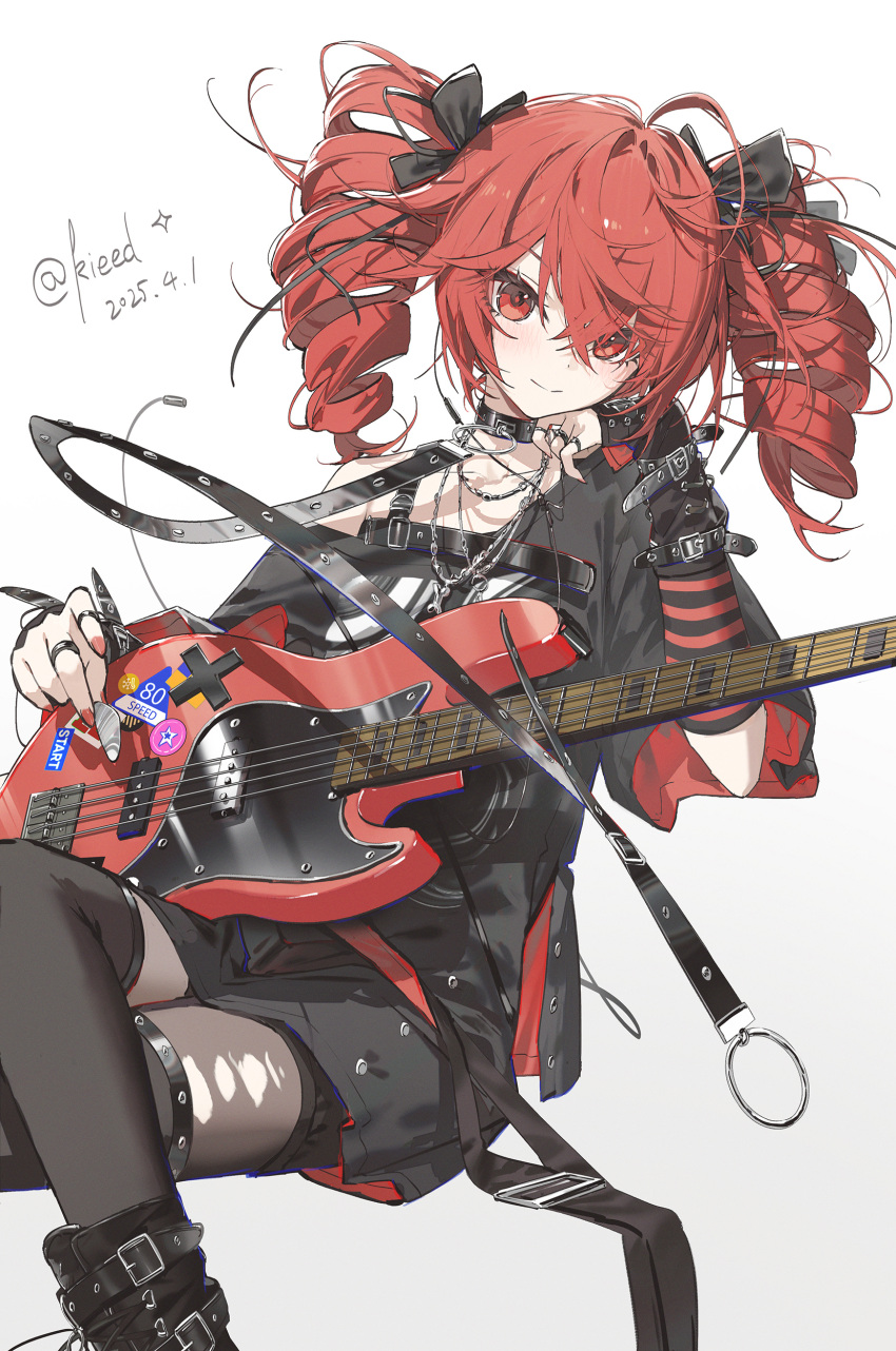 1girl, absurdres, bass_guitar, black_boots, black_choker, black_shirt, boots, choker