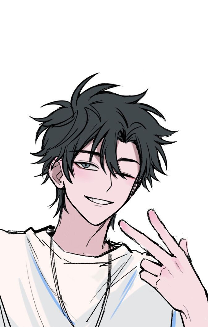 1boy, bishounen, black_hair, cheng_xiaoshi, dsarl995595, grey_eyes, grin, hair_between_eyes