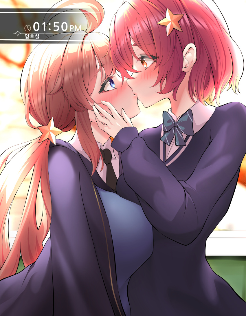 2girls, absurdres, ahoge, blue_eyes, blush, bow, bowtie, breast_press