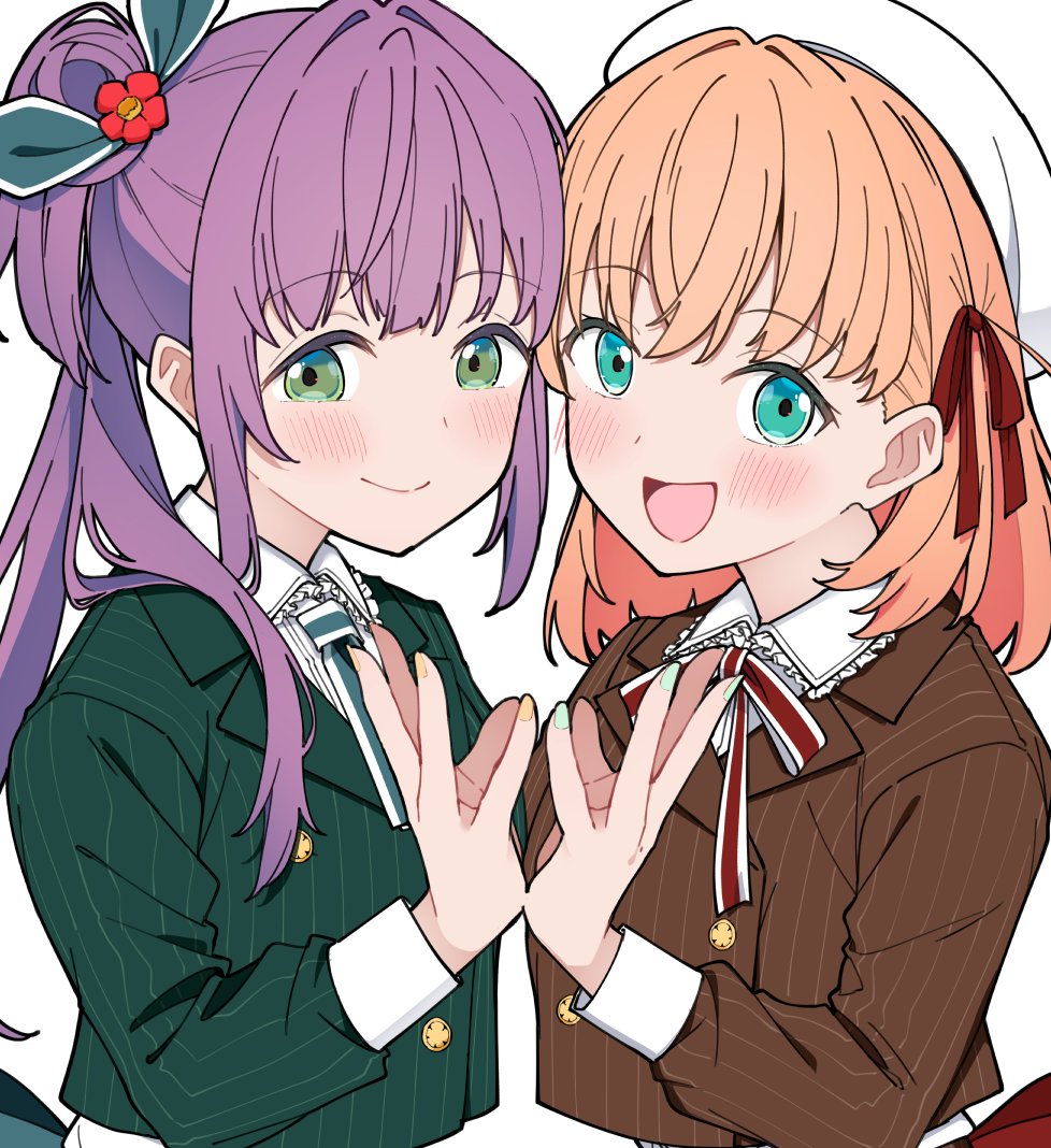 2girls, :d, aqua_eyes, beret, blush, breasts, brown_jacket, closed_mouth