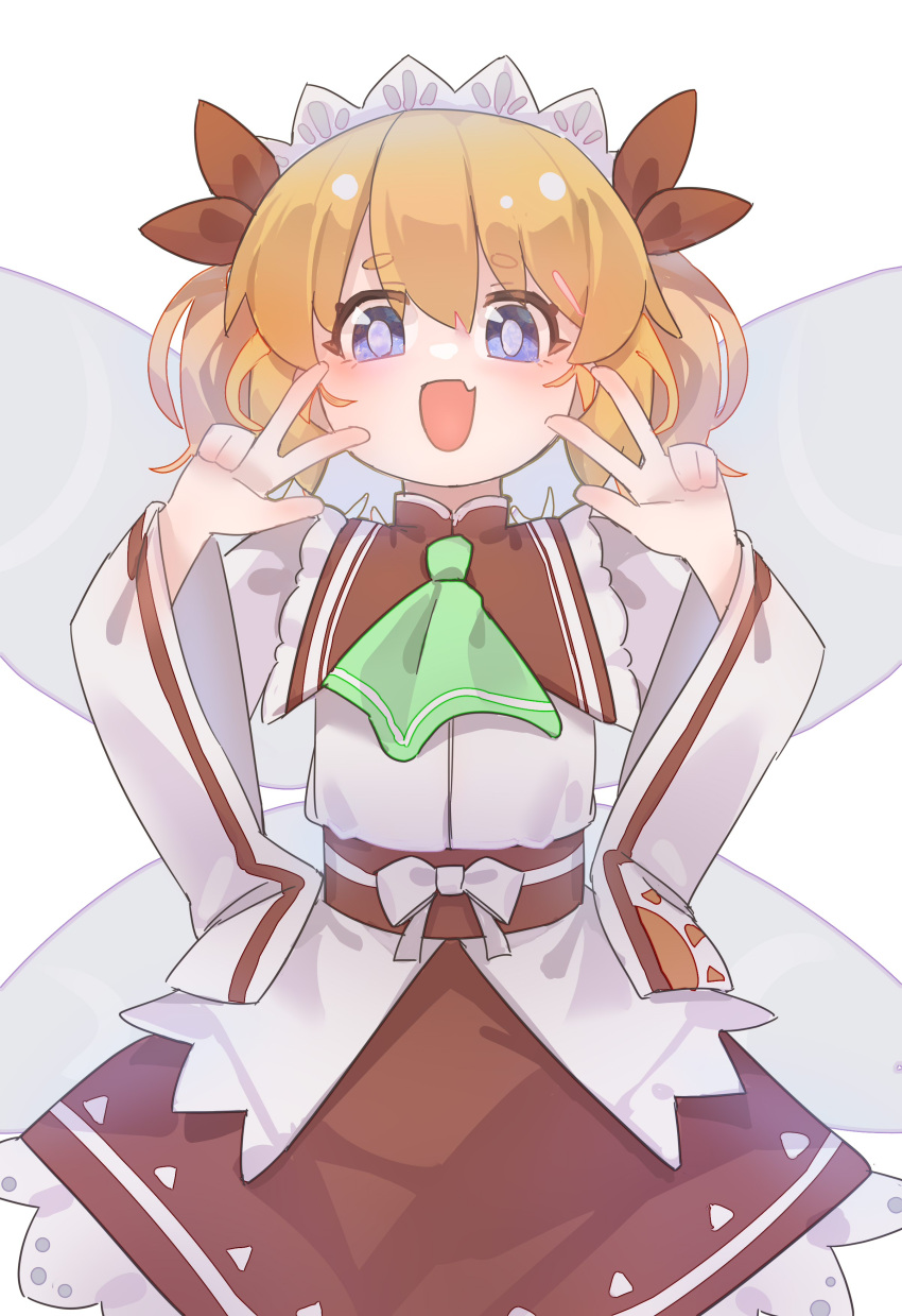 1girl, :d, absurdres, ascot, blue_eyes, commentary, fairy, fairy_wings