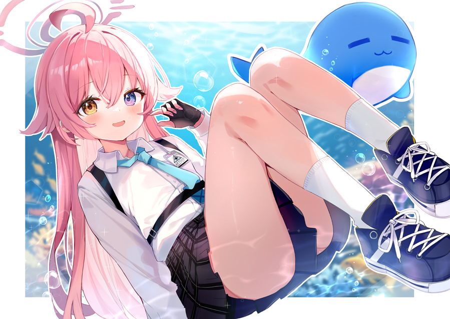 1girl, black_gloves, black_skirt, blue_archive, blue_eyes, blue_necktie, blush, collared_shirt
