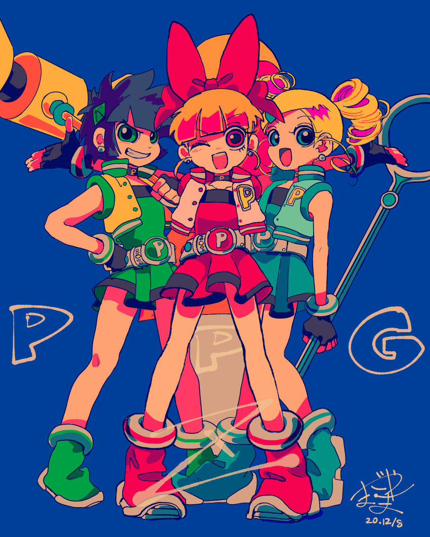 3girls, absurdres, akazutsumi_momoko, alternate_costume, belt, black_hair, blonde_hair, blossom_(ppg)