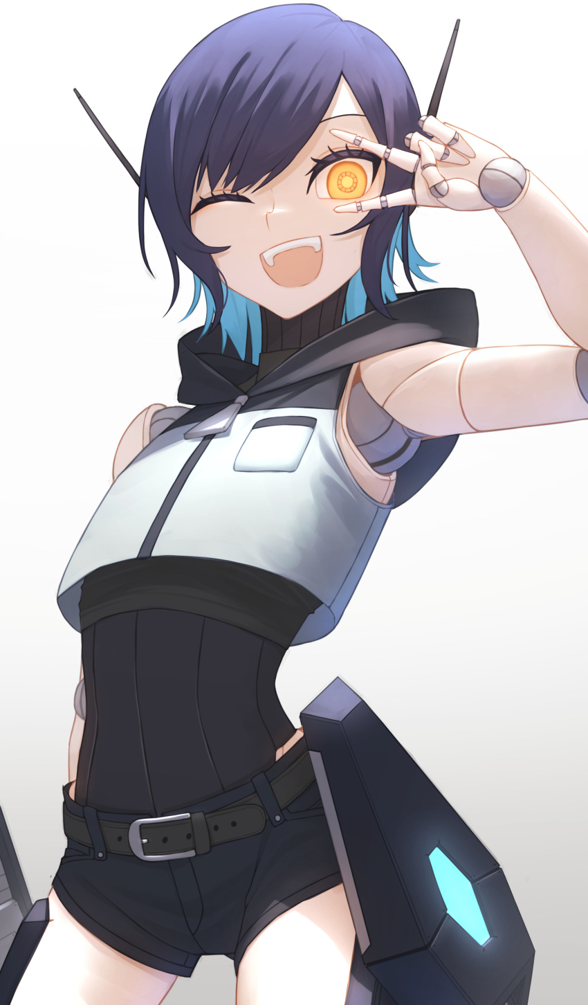 1girl, :d, absurdres, belt, blue_hair, colored_inner_hair, commentary, crop_top