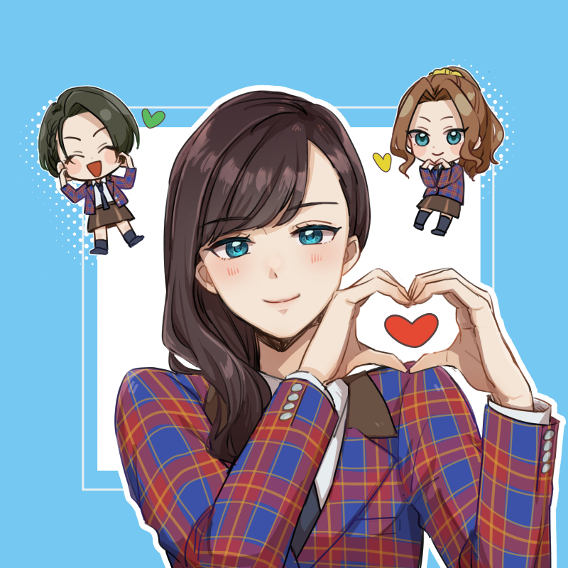 3girls, :d, ^_^, black_hair, black_shoes, black_socks, blazer, blue_border