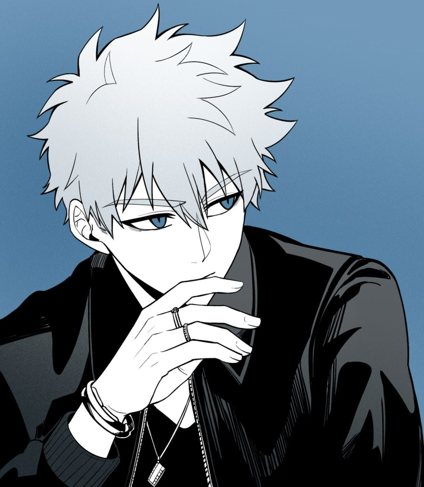 1boy, alternate_costume, black_jacket, black_shirt, blue_background, blue_eyes, bracelet, closed_mouth