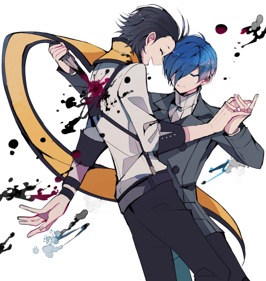 2boys, backstab, black_hair, black_pants, black_sleeves, blood, blood_on_clothes, blood_on_knife