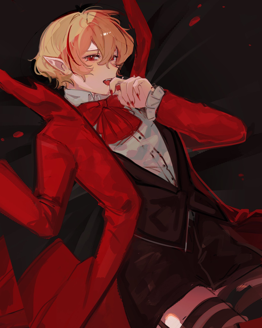 1boy, alternate_costume, alternate_ears, alternate_eye_color, alternate_hair_color, bed_sheet, bishounen, black_background, black_garter_straps, black_shorts, black_vest, blonde_hair, blood, blood_splatter, bow, bowtie, coat, collared_shirt, commentary, e5ere7l, english_commentary, fingernails, frilled_sleeves, frills, garter_straps, hair_between_eyes, highres, limbus_company, lying, male_focus, multicolored_hair, mystical_high_collar, on_back, open_clothes, open_coat, project_moon, red_bow, red_bowtie, red_coat, red_eyes, red_nails, red_streaks, sharp_fingernails, sharp_teeth, shirt, shorts, simple_background, sinclair_(project_moon), streaked_hair, striped_clothes, striped_thighhighs, tearing_up, teeth, thigh-highs, thigh_peek, three_quarter_view, tongue, vampire, vest, white_shirt, wiping_mouth