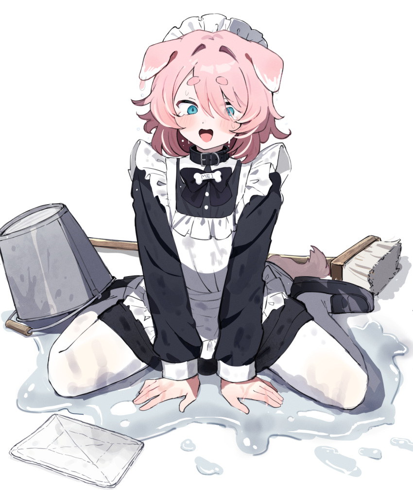 1boy, animal_ears, apron, black_collar, blue_eyes, bow, bowtie, bucket