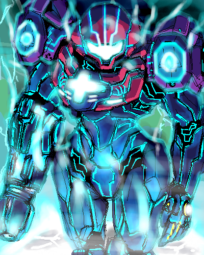 1girl, arm_cannon, armor, assault_visor, blue_light, blue_visor, coso-ri, glowing