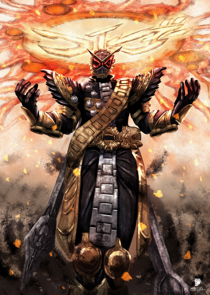 1boy, absurdres, apocalypse, armor, aura, belt, black_armor, black_boots