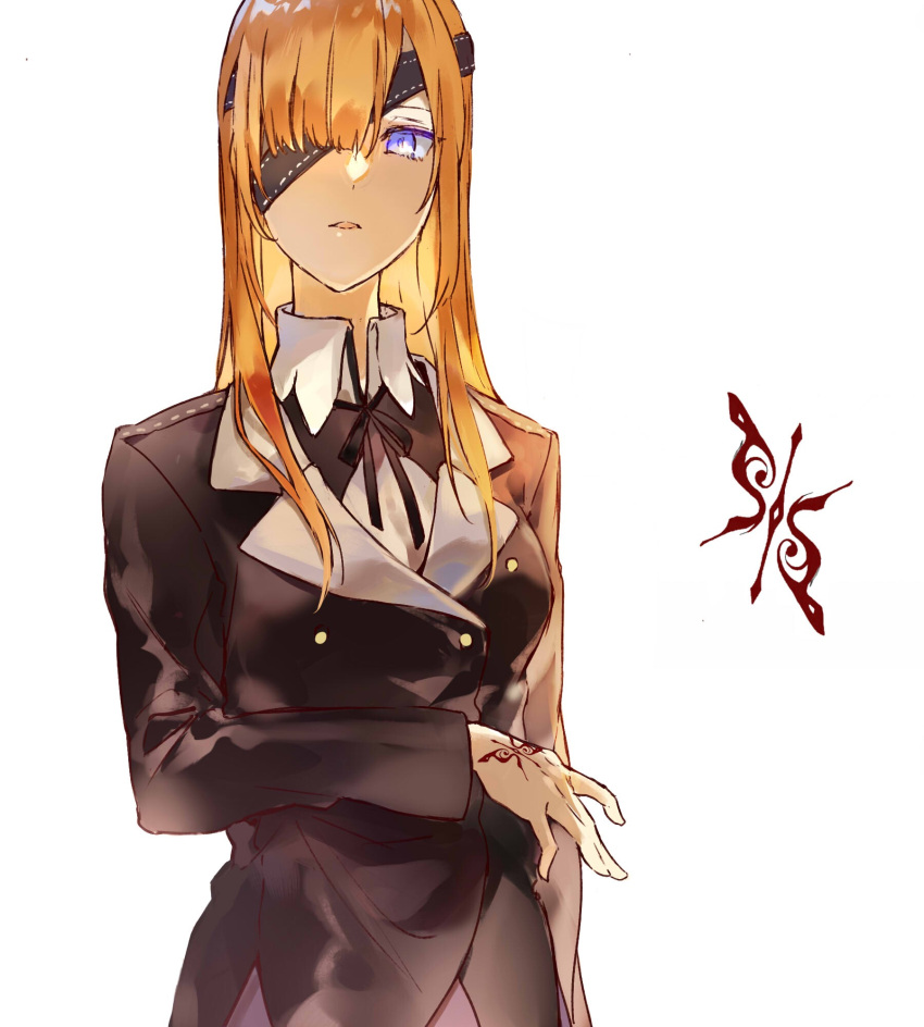 1girl, arm_under_breasts, black_jacket, black_ribbon, blue_eyes, blunt_bangs, chinese_commentary, collared_shirt