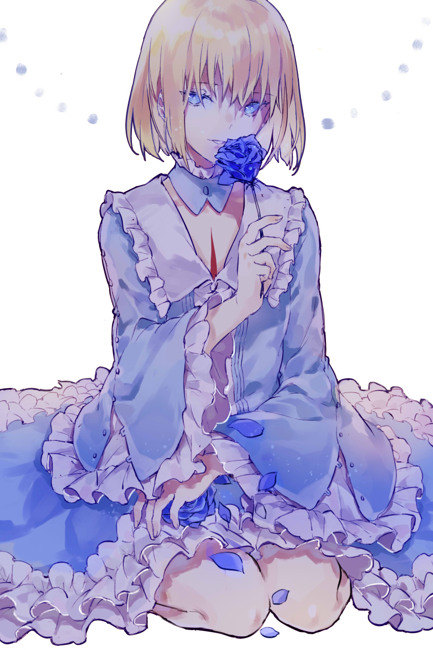 1girl, absurdres, blonde_hair, blue_dress, blue_eyes, blue_flower, blue_petals, blue_rose