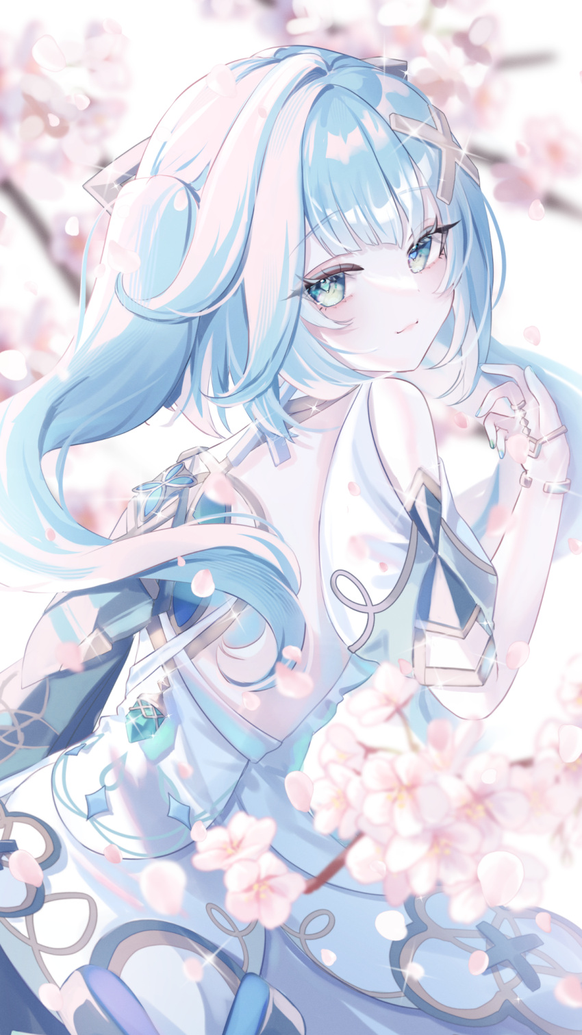1girl, anninufufu, aqua_hair, aqua_nails, closed_eyes, clothing_cutout, commentary, dress, falling_petals, faruzan_(genshin_impact), fingernails, from_behind, genshin_impact, green_eyes, hair_ornament, hand_up, highres, long_hair, looking_at_viewer, looking_back, nail_polish, petals, shoulder_cutout, solo, symbol-only_commentary, symbol-shaped_pupils, triangle-shaped_pupils, twintails, very_long_hair, x_hair_ornament