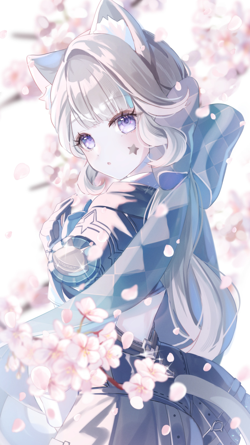 1girl, animal_ear_fluff, animal_ears, anninufufu, black_gloves, blue_bow, bow, cat_ears, cat_girl, commentary, facial_mark, from_behind, genshin_impact, gloves, grey_hair, hair_bow, hand_up, highres, huge_bow, long_hair, looking_at_viewer, looking_back, lynette_(genshin_impact), parted_lips, signature, solo, star_(symbol), star_facial_mark, symbol-only_commentary, tail, upper_body, very_long_hair, violet_eyes