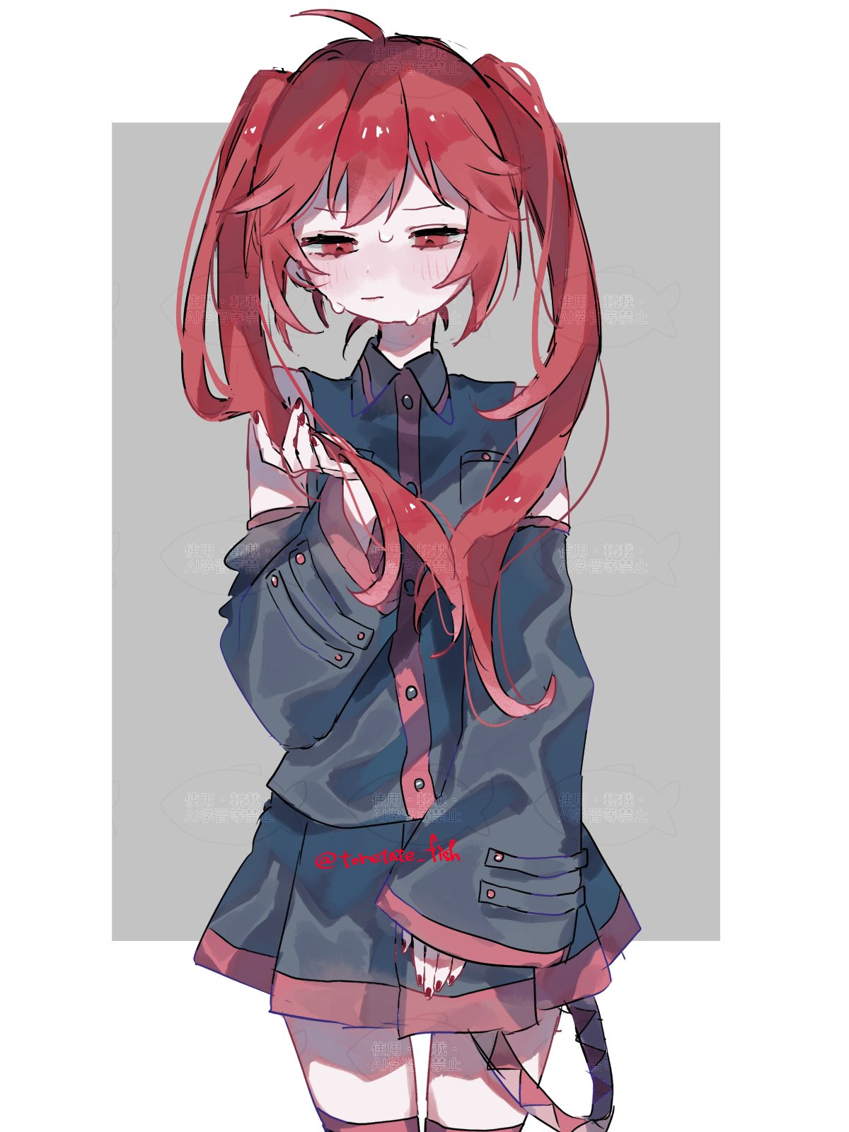 1girl, ahoge, alternate_hairstyle, artist_name, breast_pocket, buttons, closed_mouth, collared_shirt, commentary, cowboy_shot, detached_sleeves, dot_nose, double-parted_bangs, fish_(symbol), grey_shirt, grey_sleeves, highres, holding, holding_own_hair, kasane_teto, kasane_teto_(utau), light_blush, long_hair, looking_down, messy_hair, nervous_sweating, no_headwear, pleated_skirt, pocket, red_eyes, red_hair, red_nails, red_trim, sakanaya_(toretate_fish), shirt, simple_background, skirt, sleeveless, sleeveless_shirt, solo, standing, sweat, thigh-highs, thigh_gap, twintails, twitter_username, two-tone_background, utau, watermark, watermark_grid, wide_sleeves, wingtip_collar