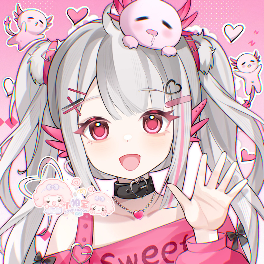 1girl, :d, bare_shoulders, belt, black-collar, blush, bow, collar, collarbone, drooling, grey_hair, hair_ornament, hairclip, hand_up, heart, heart_necklace, hearthairornament, highres, jewelry, long_hair, long_sleeves, looking_at_viewer, multicolored_hair, necklace, off-shoulder_shirt, off_shoulder, on_head, open_mouth, original, pink-shirt, pink_background, pink_eyes, puffy_long_sleeves, puffy_sleeves, red_eyes, salamander_girl, shirt, smile, solo, streaked_hair, twintails, upper_body, virtual_youtuber, waving, x, zzz