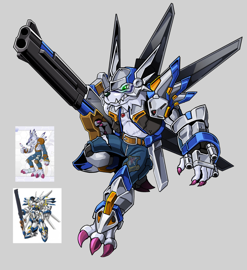 1boy, absurdres, arm_cannon, armor, black_vest, blue_fur, blue_pants, body_fur