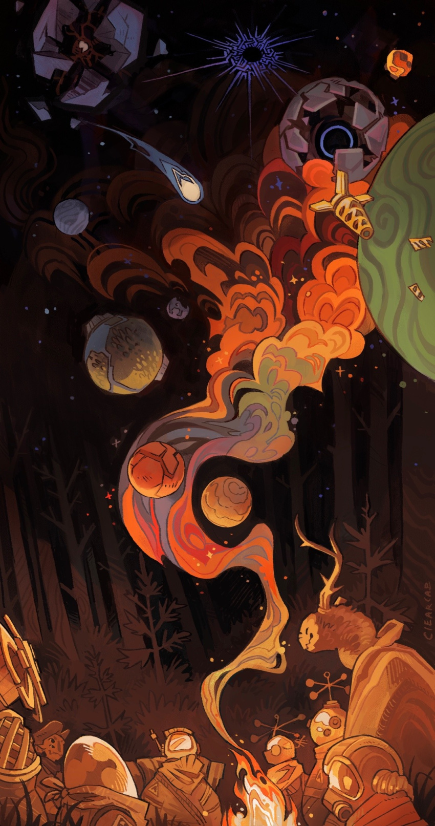 6+others, alien, artist_name, campfire, chert_(outer_wilds), ciearcab, comet, esker_(outer_wilds)