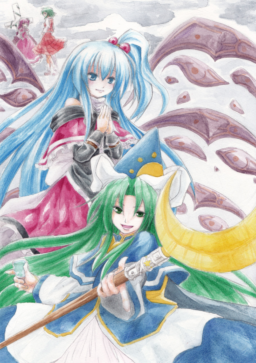 ascot, blue_eyes, blue_hair, blush, bow, braid, cape, capelet, cross, cuphea, dress, green_eyes, green_hair, hair_bobbles, hair_ornament, hat, highres, kazami_yuuka, long_hair, mima, multiple_girls, multiple_wings, okazaki_yumemi, plaid, plaid_skirt, plaid_vest, red_hair, shinki, short_hair, side_ponytail, skirt, skirt_set, smile, staff, touhou, touhou_(pc-98), traditional_media, very_long_hair, wings, wizard_hat, youkai