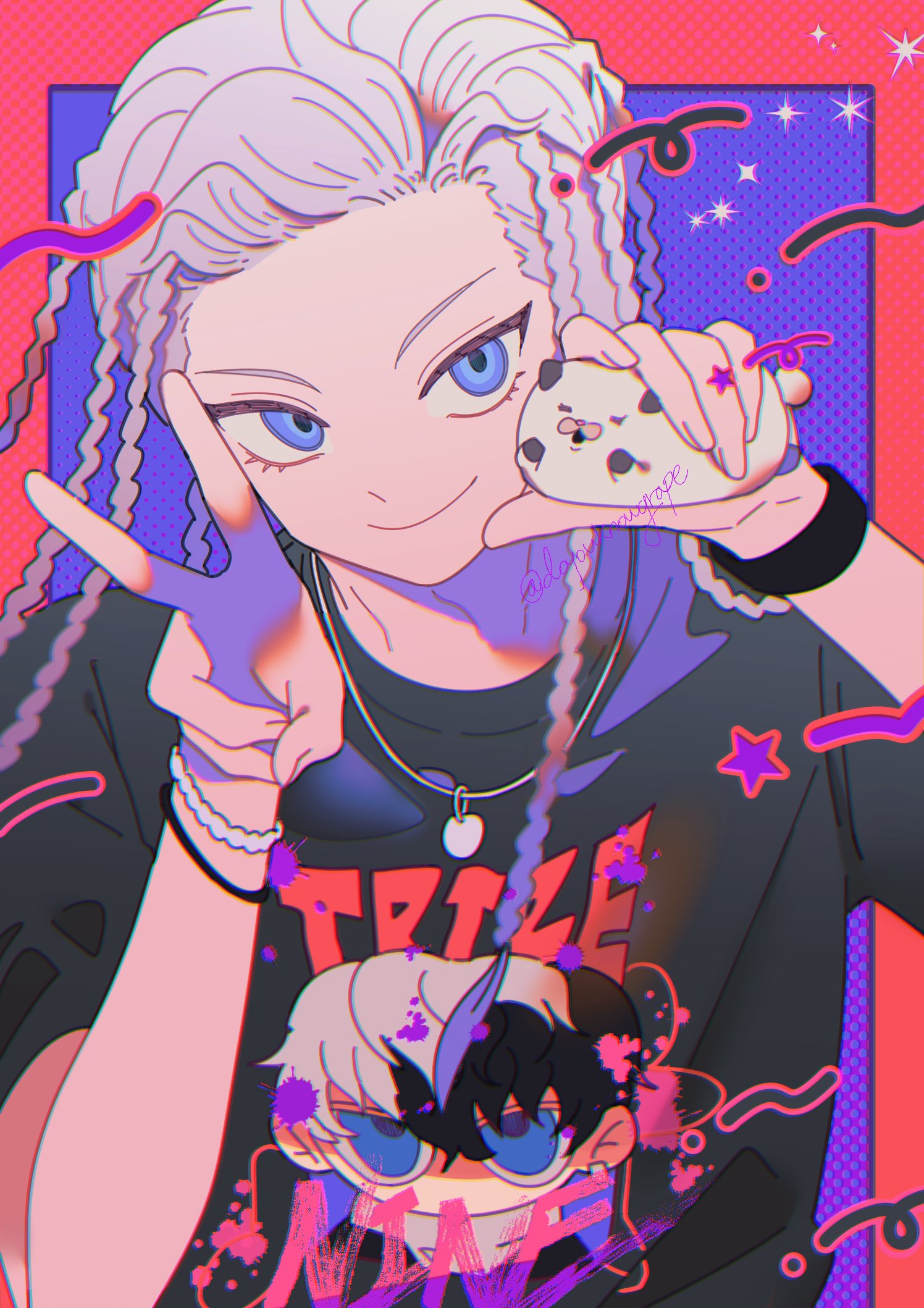 1boy, black_shirt, blue_eyes, bracelet, braid, doyouknowgrape, grey_hair, hands_up