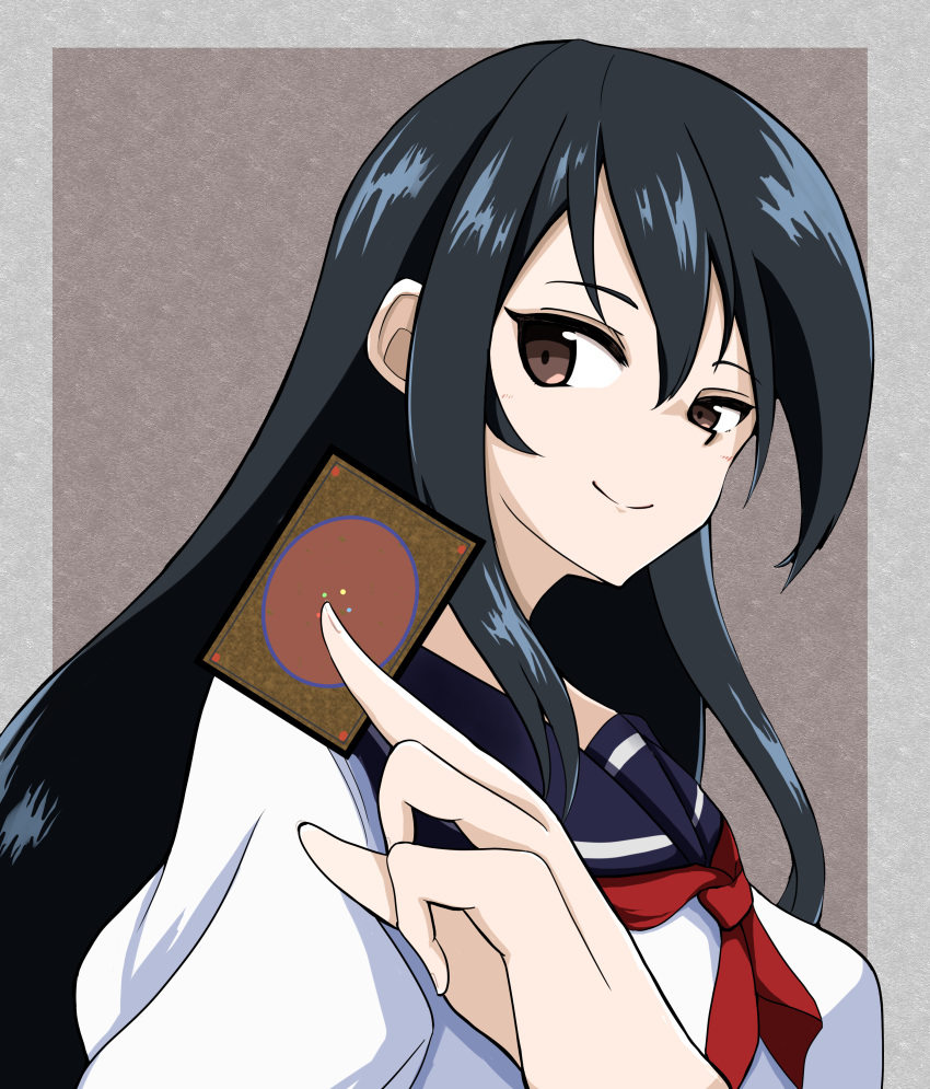 1girl, absurdres, black_hair, blue_sailor_collar, brown_eyes, card, closed_mouth, highres