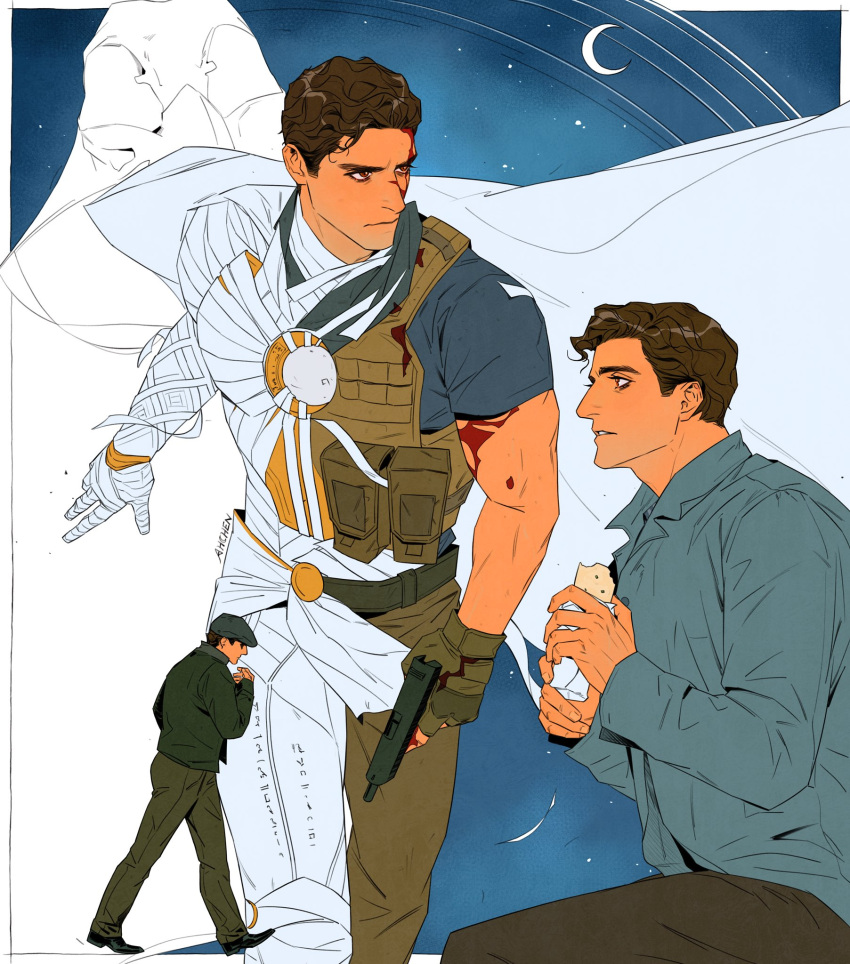 3boys, armlet, artist_name, bandages, belt, black_belt, black_hat, black_jacket