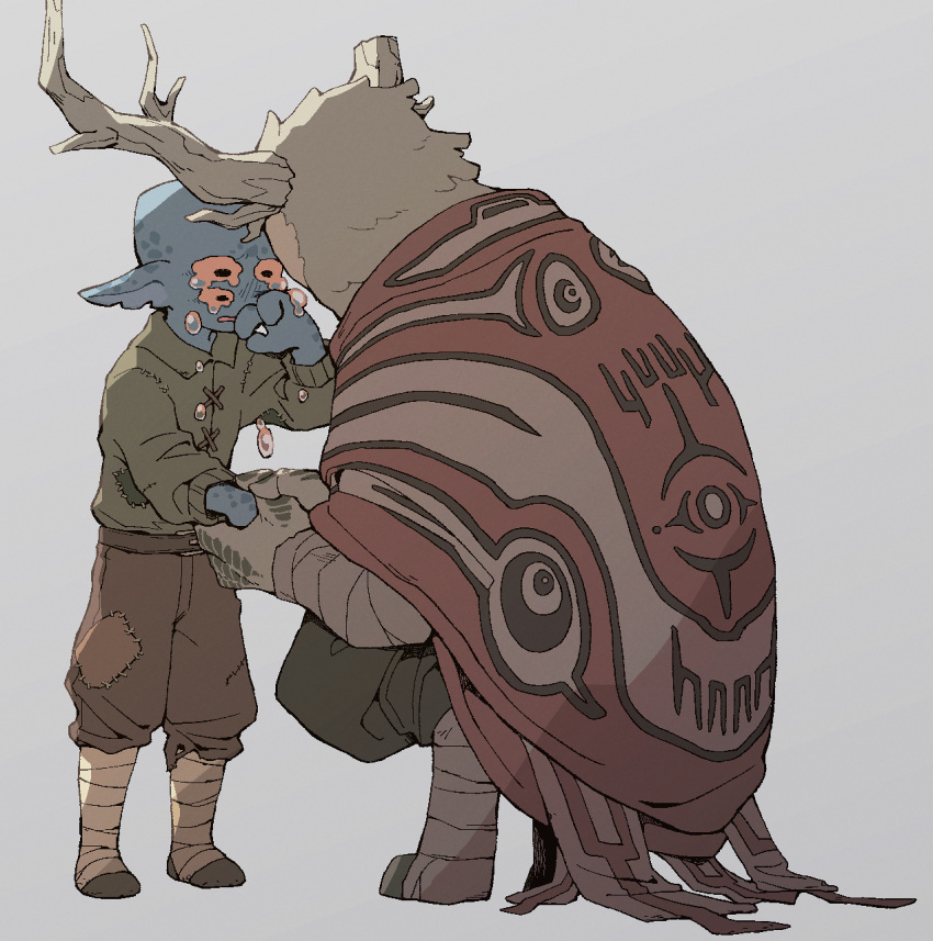 2others, alien, androgynous, bandaged_leg, bandages, blue_skin, broken_horn, brown_pants